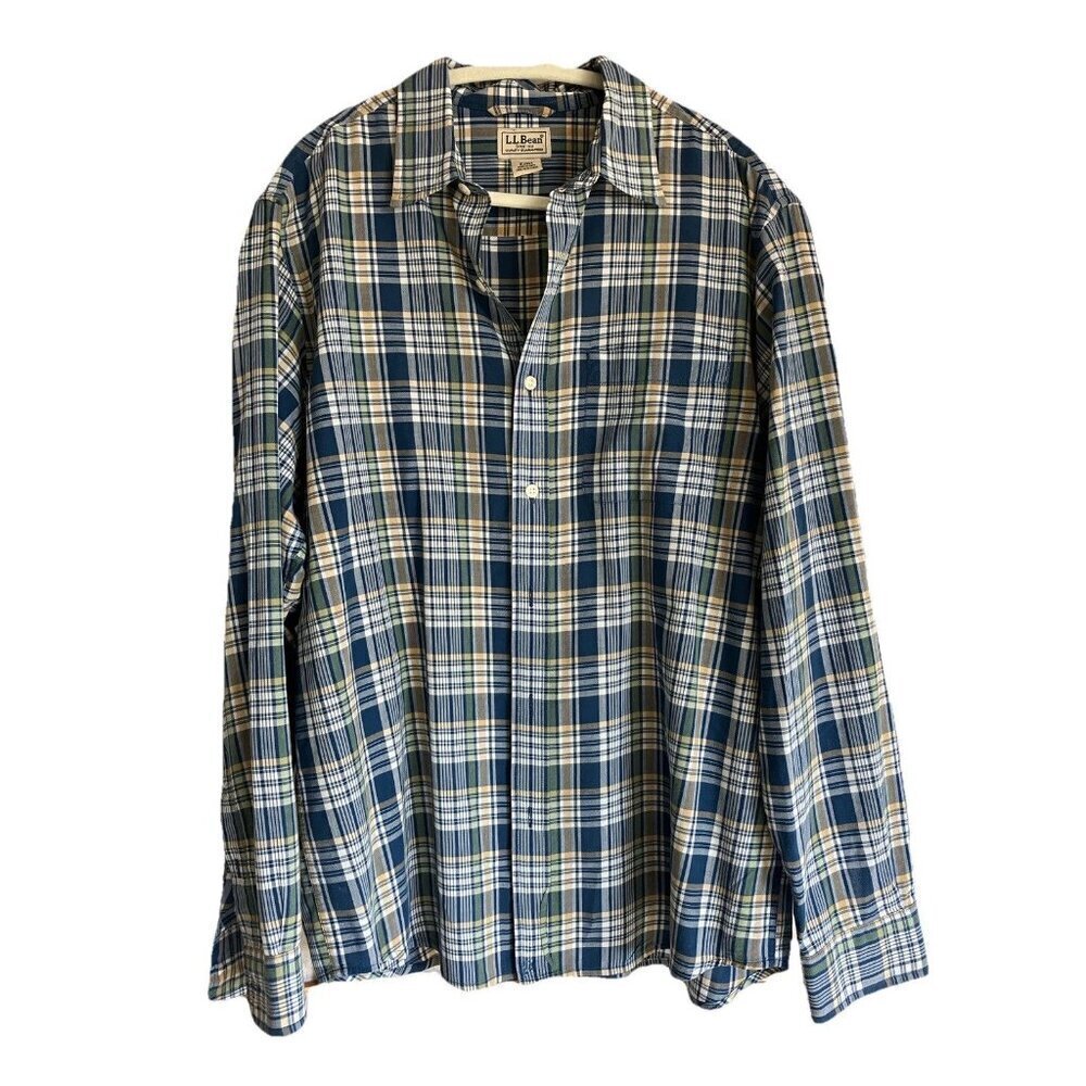 L.L. Bean Mens Medium Blue Plaid Long Sleeve Button Down Shirt OJAV1 100% Cotton